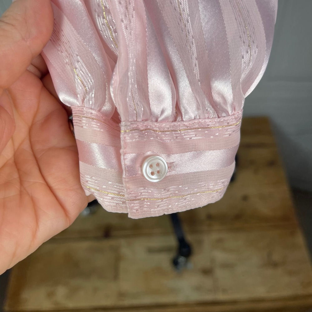 Vintage Nicola - Pink Striped Mock Neck Peplum Top Back Button Blouse - Size 4 - Picture 7 of 16